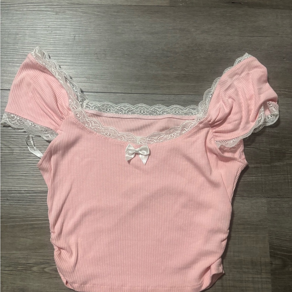 SHEIN Pink Lace Bow Top